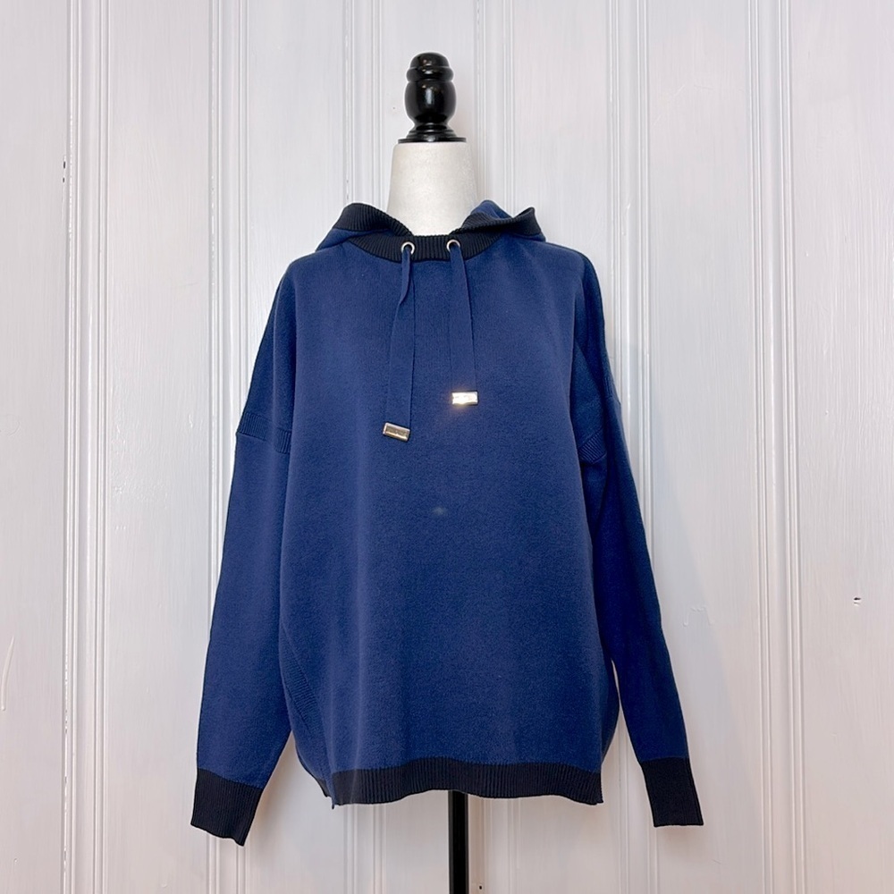 NWT YEST Royal Lavender Fine-Knit Hoodie with Navy Accents